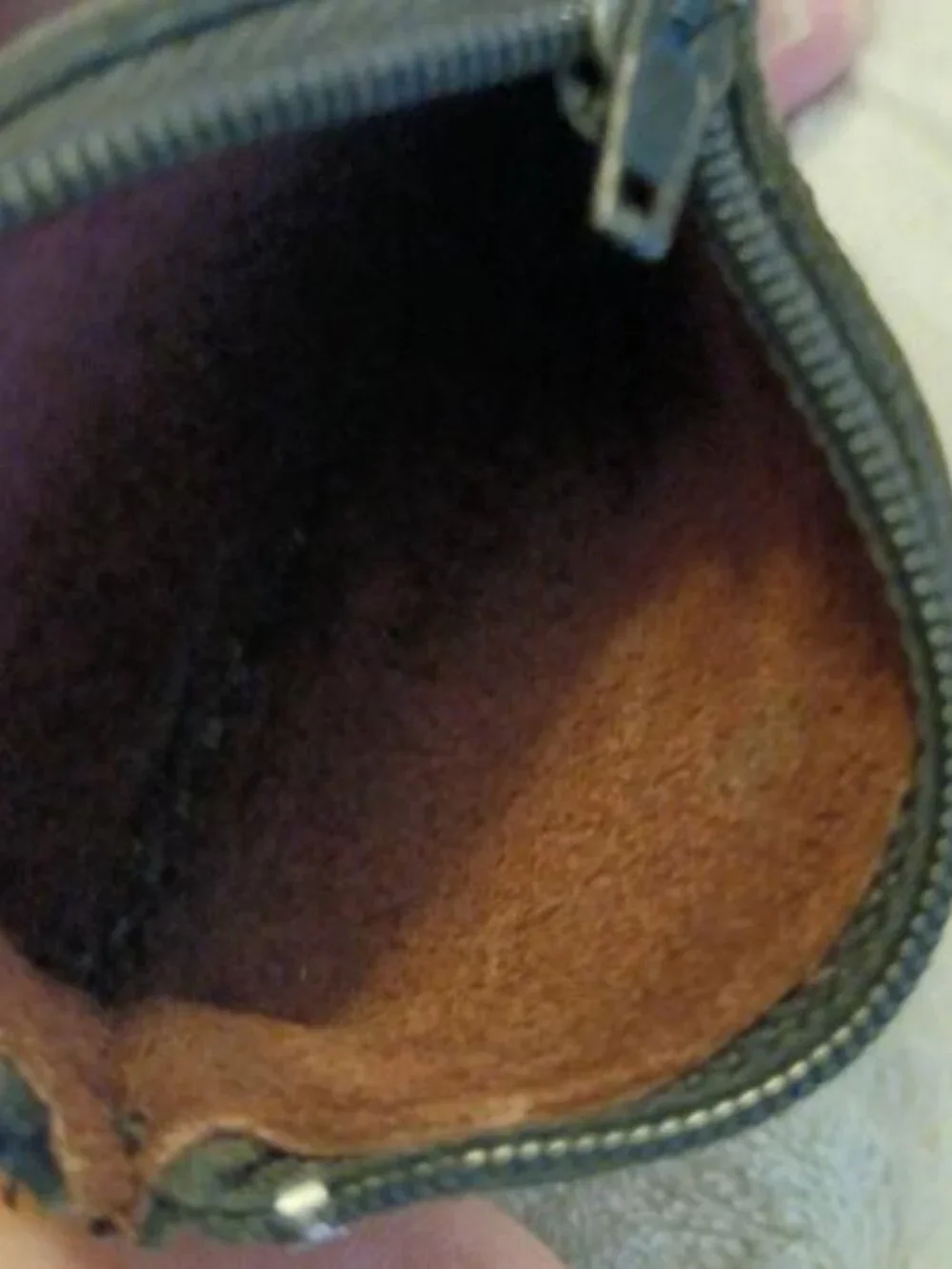 Vintage handmade black leather tooled coin purse with zipper closure